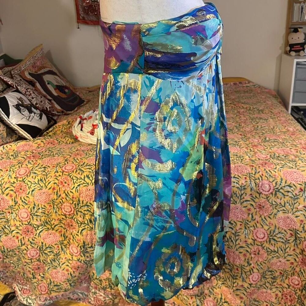 Caché Silk Turquoise and Gold Boho Bubble Mini Dress - Picture 2 of 8